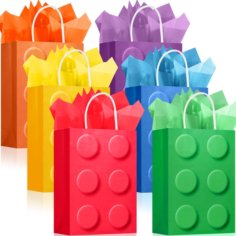 YOTNUS Building Block PartyFavorGiftBags with Tissue Paper Small Gift Bags with Handles for Building Block Birthday Party Shower Decoration Supplies